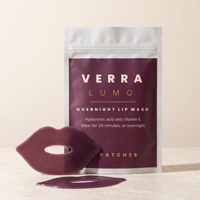 Verra Lumo lip mask pouch with two lip-shaped hydrogel patches on stone