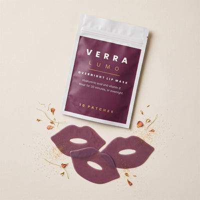 Verra Lumo pouch and three lip-shaped hydrogel patches, overhead