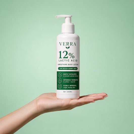 VERRA 12% Lactic Acid Smoothing Body Lotion held in hand
