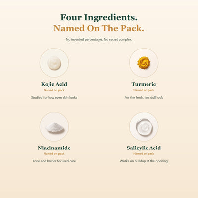Four ingredients named on the pack: kojic acid, turmeric, niacinamide, salicylic acid