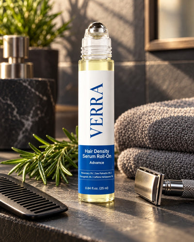 Verra roll-on on a bathroom shelf with grooming essentials