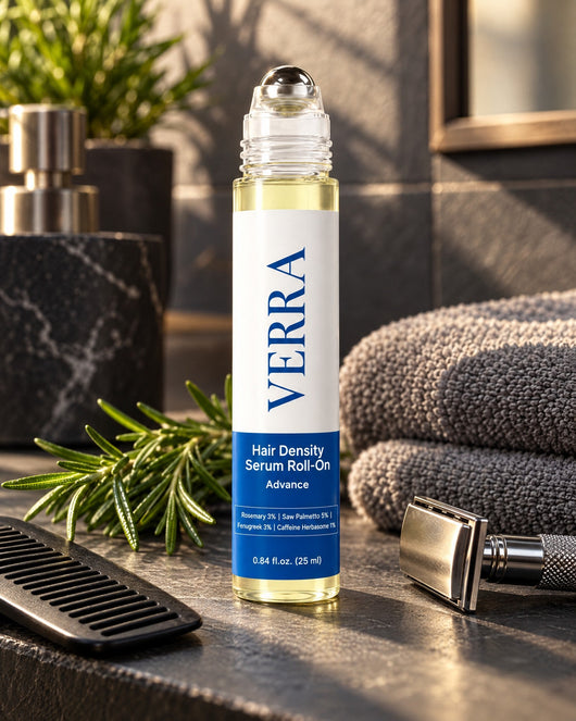 Verra roll-on on a bathroom shelf with grooming essentials