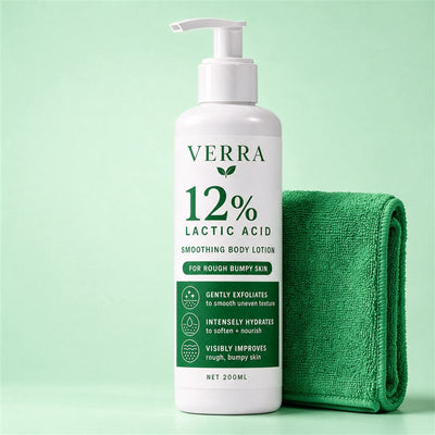 Pat-Dry Microfiber Towel beside the VERRA Smoothing Body Lotion